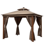 Double Roof Aluminum Gazebo with Wooden Finish and Curtain - 10 x 10 Feet - Sand - ALEKO
