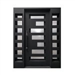 Iron Square Top Geometric-Embossed Door with Frame and Threshold - 62 x 81 Inches - Matte Black - ALEKO